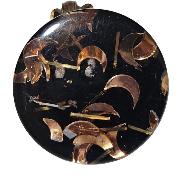 Vintage Black Gold Moons Foil Confetti Resin Clip On Earrings Retro Fashion - Picture 2 of 5